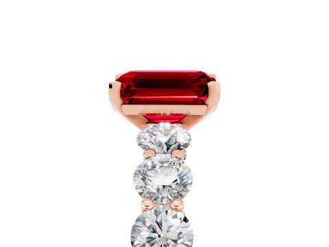 Rose gold Emerald Cut Ruby Prong Setting with Side Stones on a Pave Band_5