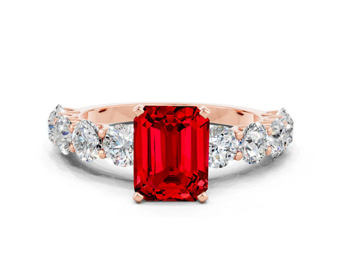 Rose gold Emerald Cut Ruby Prong Setting with Side Stones on a Pave Band