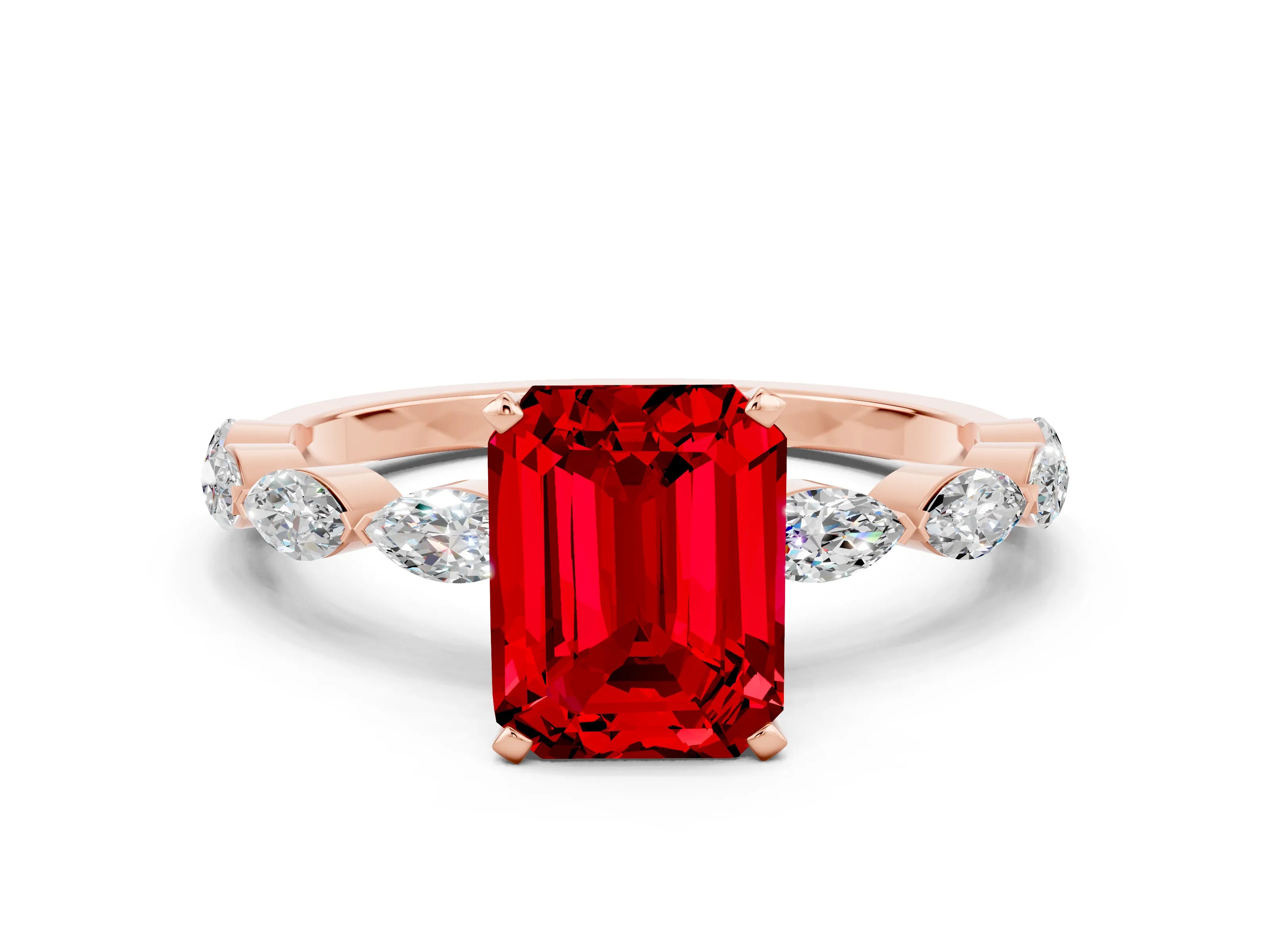 Rose gold Emerald Cut Ruby Ring with Marquise Side Stones and Prong Setting