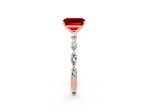 Rose gold Emerald Cut Ruby Ring with Marquise Side Stones and Prong Setting_2