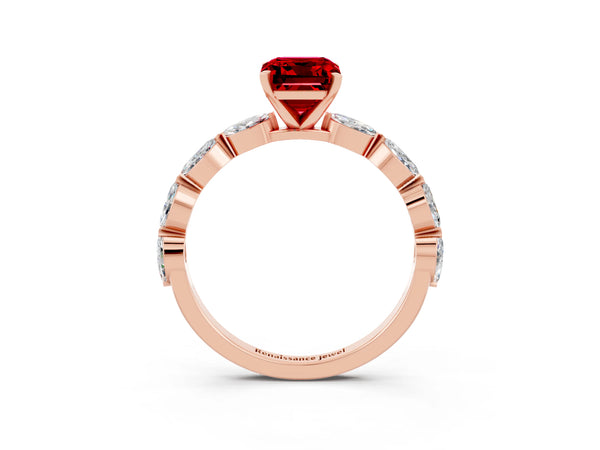 Rose gold Emerald Cut Ruby Ring with Marquise Side Stones and Prong Setting