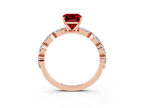 Rose gold Emerald Cut Ruby Ring with Marquise Side Stones and Prong Setting_3