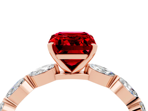 Rose gold Emerald Cut Ruby Ring with Marquise Side Stones and Prong Setting_4