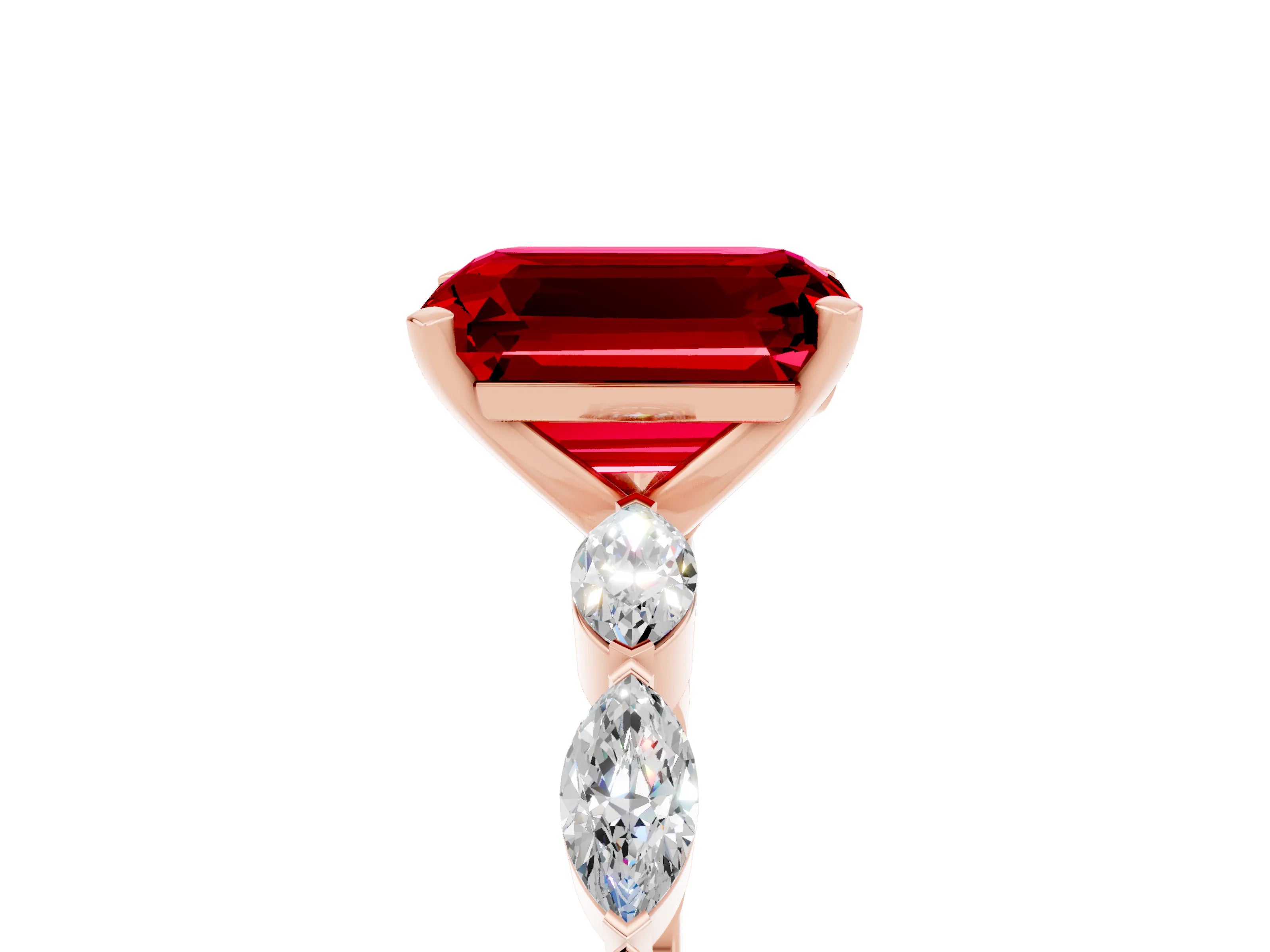 Rose gold Emerald Cut Ruby Ring with Marquise Side Stones and Prong Setting_5