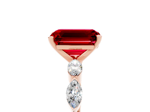 Rose gold Emerald Cut Ruby Ring with Marquise Side Stones and Prong Setting_5