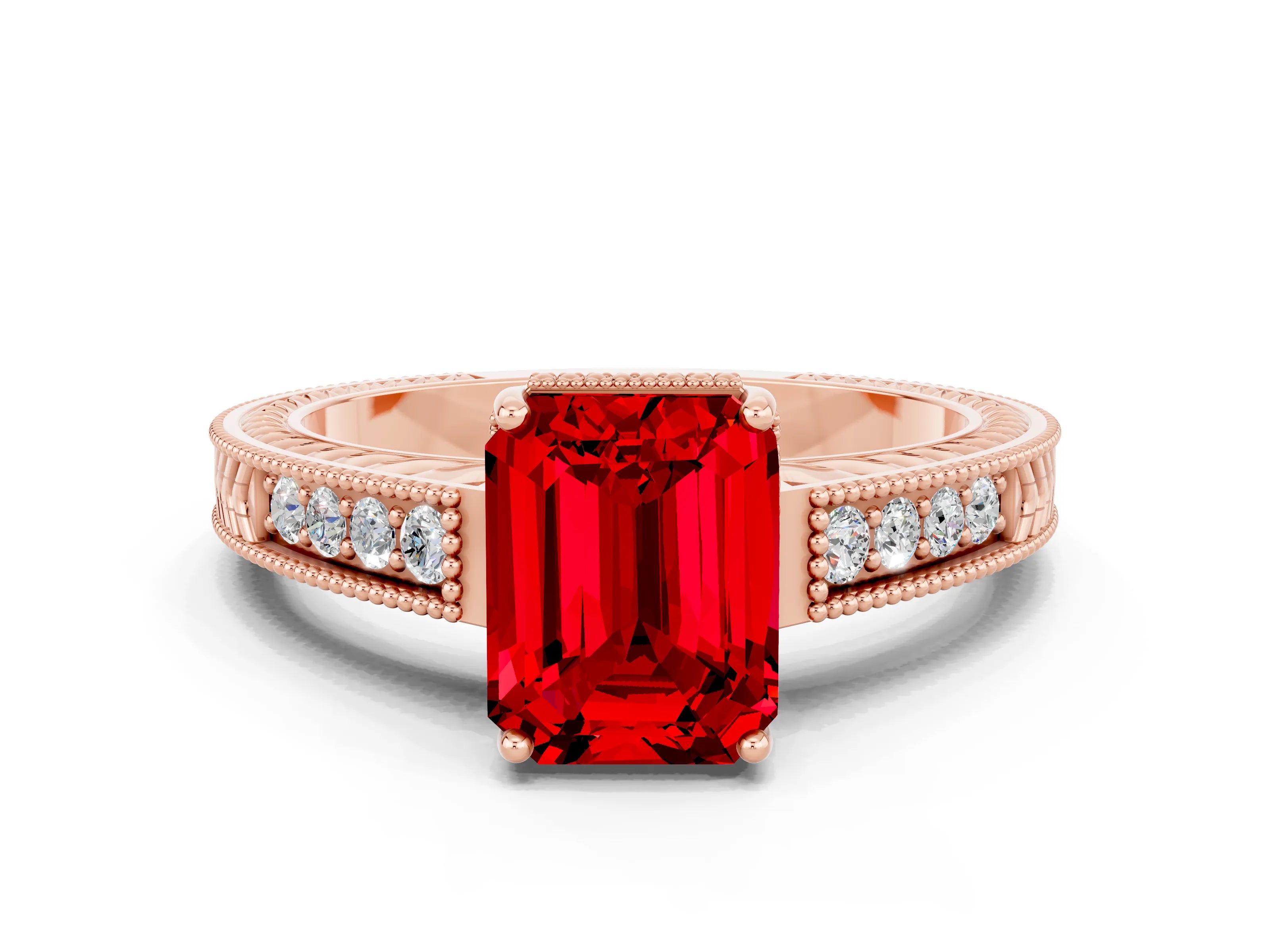 Rose gold Emerald Cut Ruby Ring with Milgrain Pavé Band and Four-Prong Setting_12