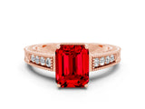 Rose gold Emerald Cut Ruby Ring with Milgrain Pavé Band and Four-Prong Setting_12