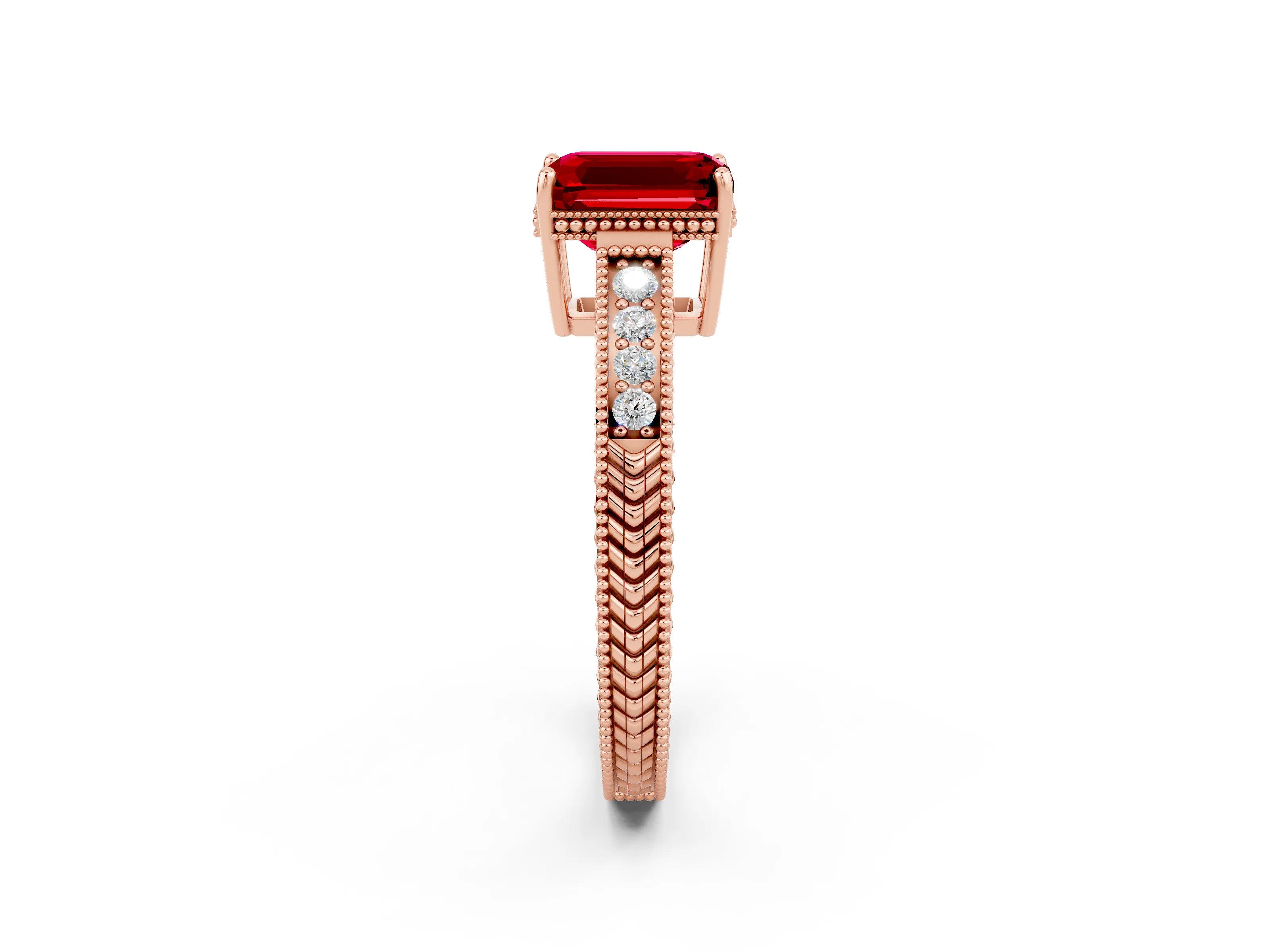 Rose gold Emerald Cut Ruby Ring with Milgrain Pavé Band and Four-Prong Setting_14