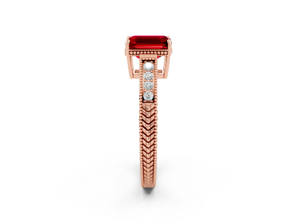 Rose gold Emerald Cut Ruby Ring with Milgrain Pavé Band and Four-Prong Setting