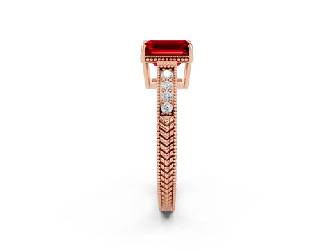 Rose gold Emerald Cut Ruby Ring with Milgrain Pavé Band and Four-Prong Setting_14