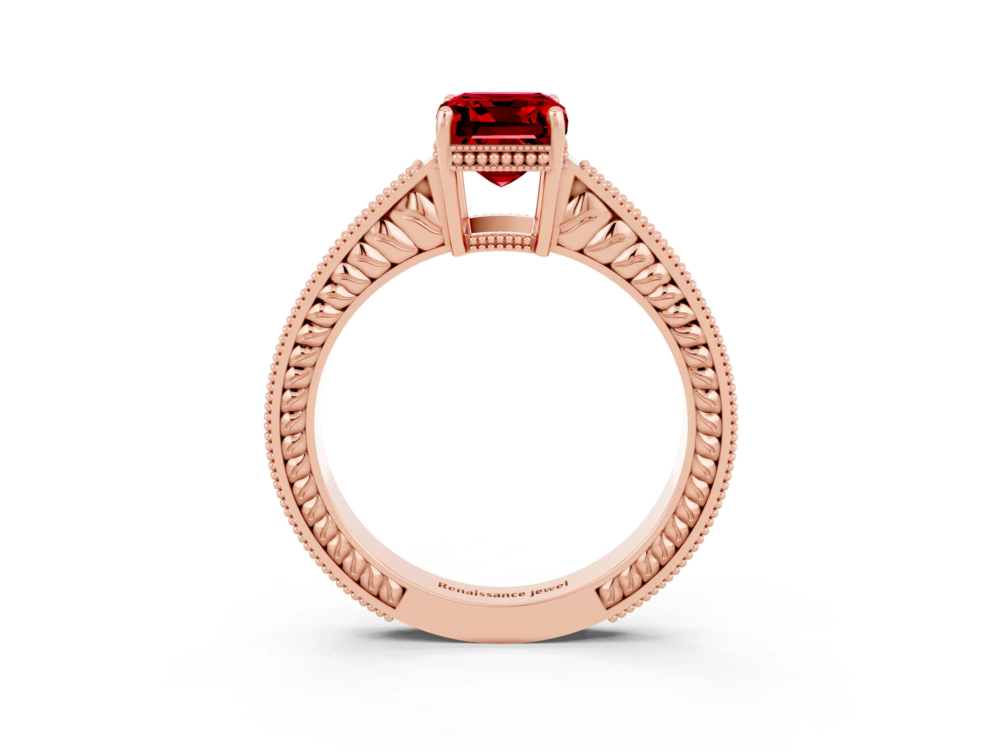 Rose gold Emerald Cut Ruby Ring with Milgrain Pavé Band and Four-Prong Setting_15