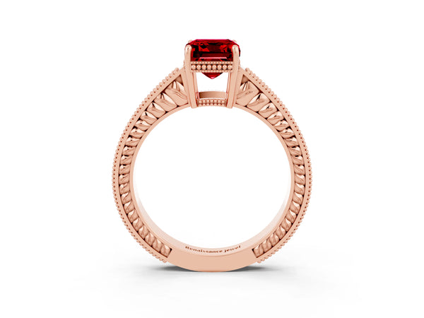 Rose gold Emerald Cut Ruby Ring with Milgrain Pavé Band and Four-Prong Setting