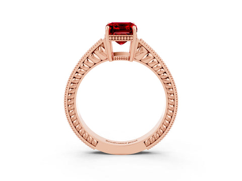 Rose gold Emerald Cut Ruby Ring with Milgrain Pavé Band and Four-Prong Setting_15