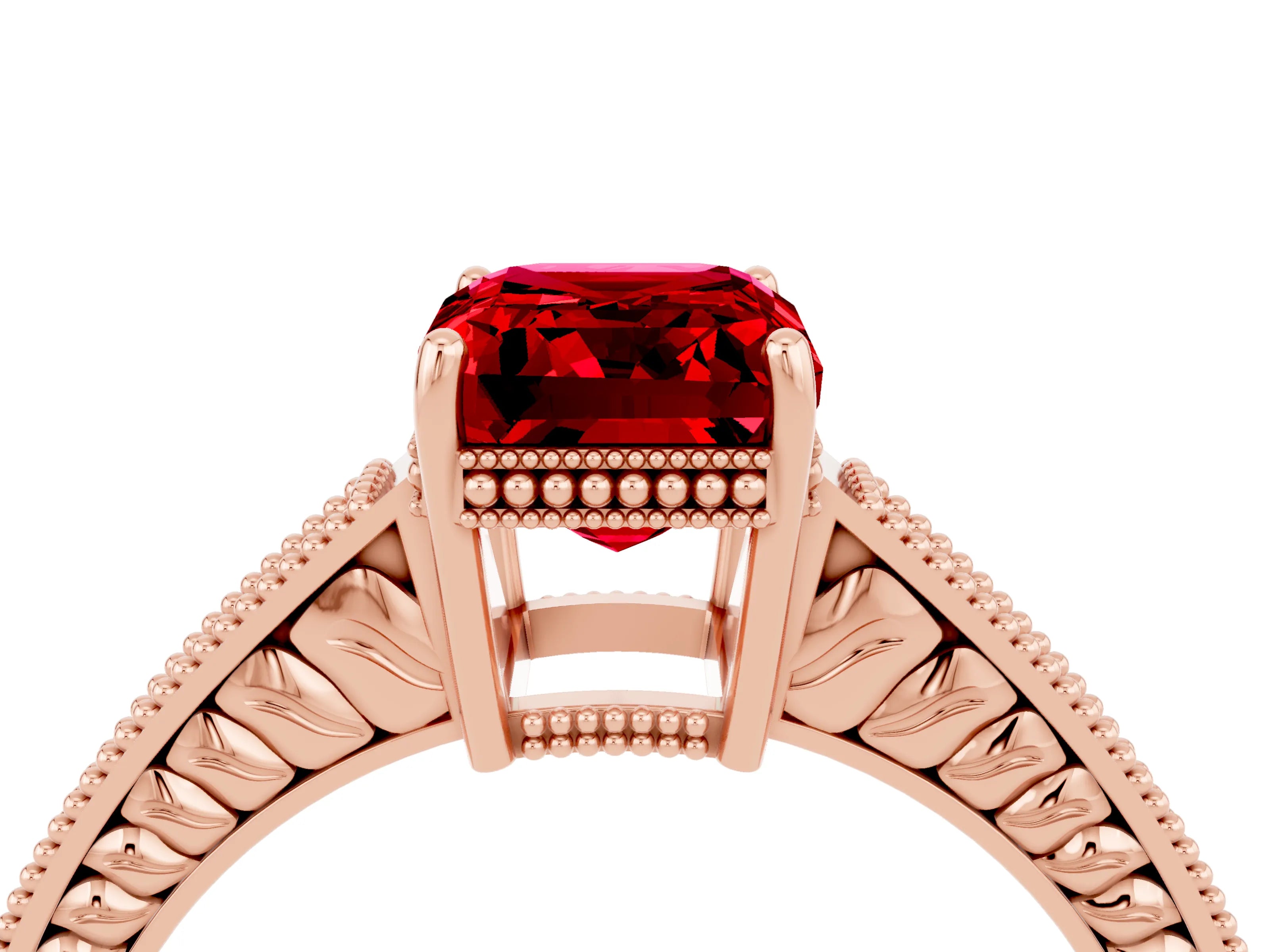 Rose gold Emerald Cut Ruby Ring with Milgrain Pavé Band and Four-Prong Setting_16