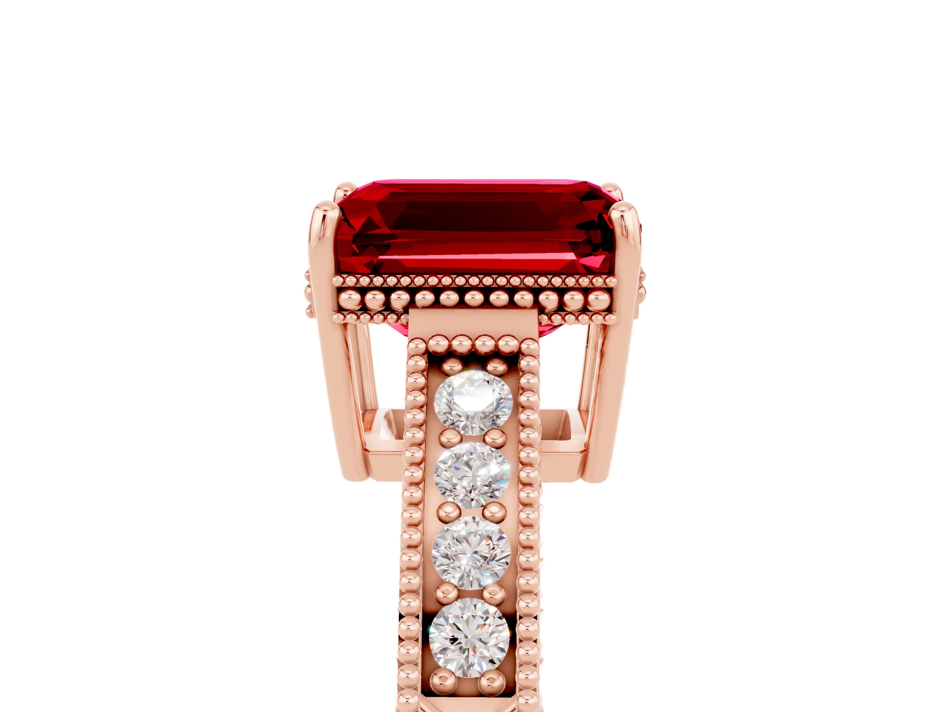 Rose gold Emerald Cut Ruby Ring with Milgrain Pavé Band and Four-Prong Setting_17