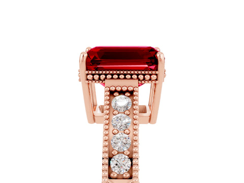 Rose gold Emerald Cut Ruby Ring with Milgrain Pavé Band and Four-Prong Setting_17