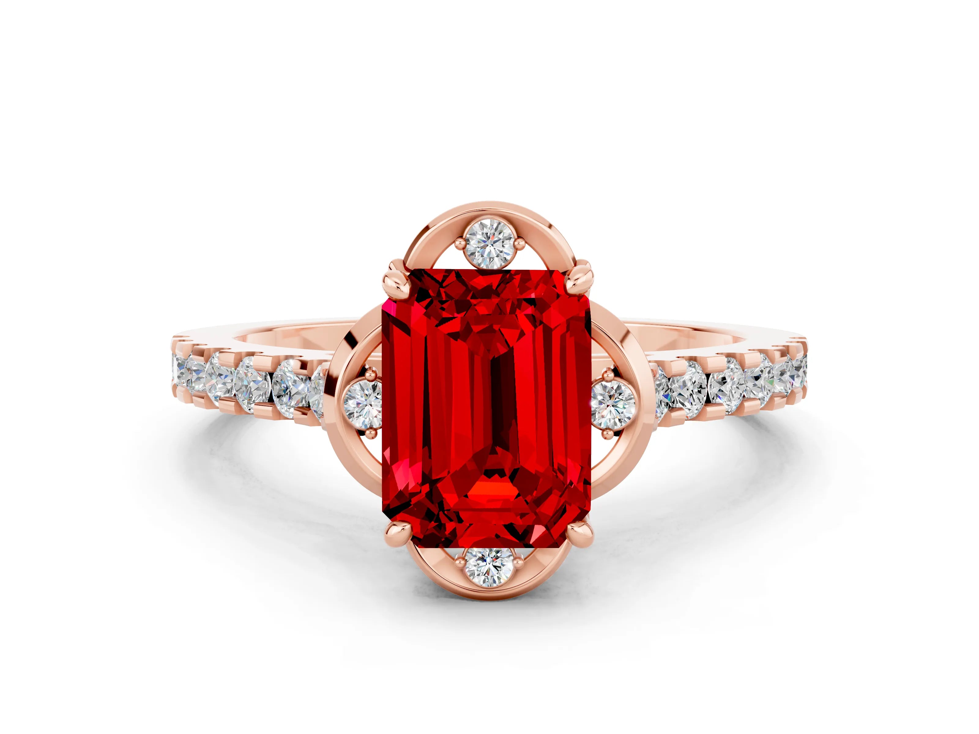 Rose gold Emerald Cut Ruby Ring with Pavé Band and Floral Prong Setting