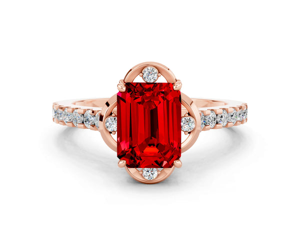 Rose gold Emerald Cut Ruby Ring with Pavé Band and Floral Prong Setting