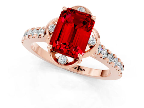 Rose gold Emerald Cut Ruby Ring with Pavé Band and Floral Prong Setting_1