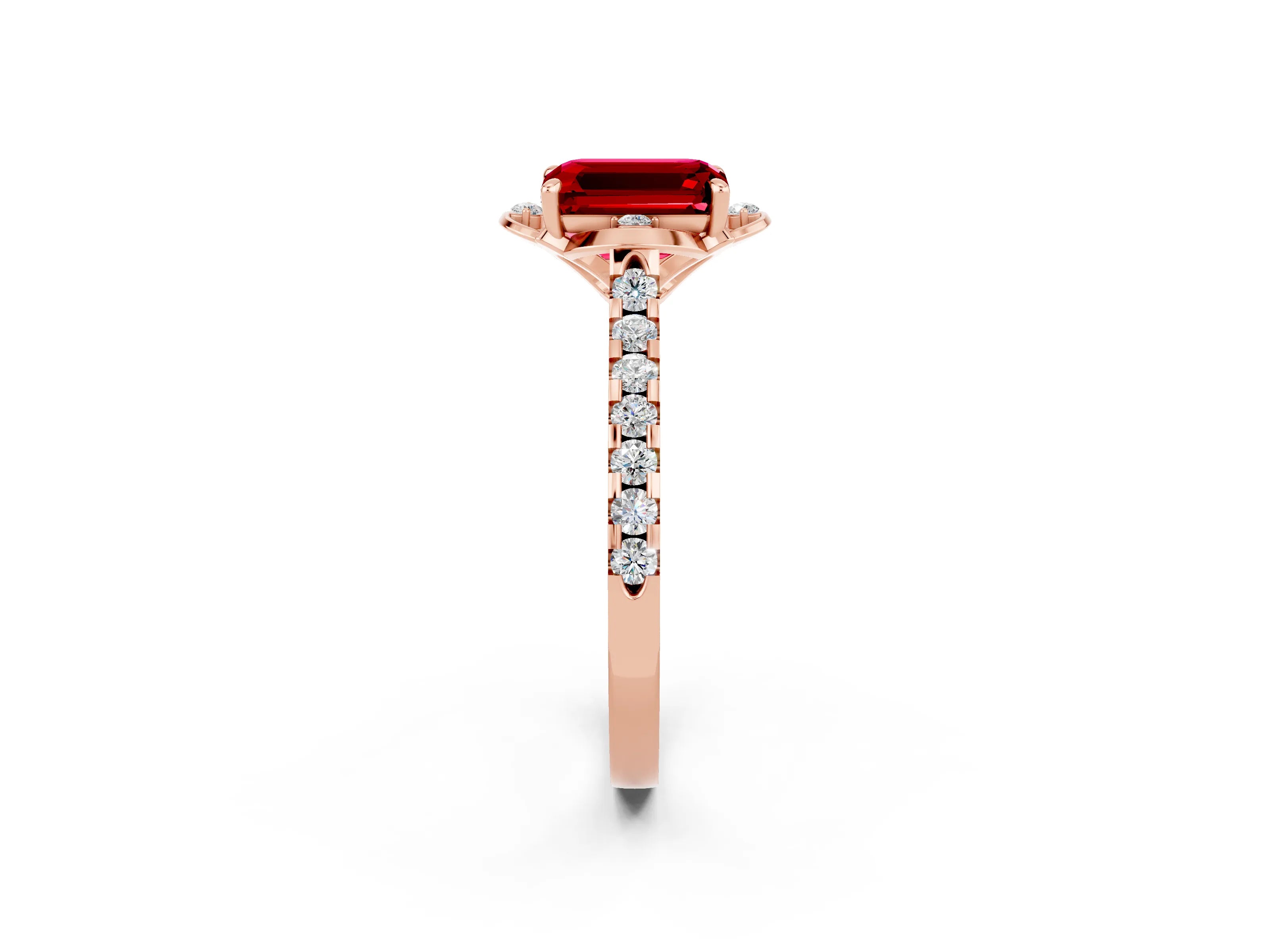 Rose gold Emerald Cut Ruby Ring with Pavé Band and Floral Prong Setting_2