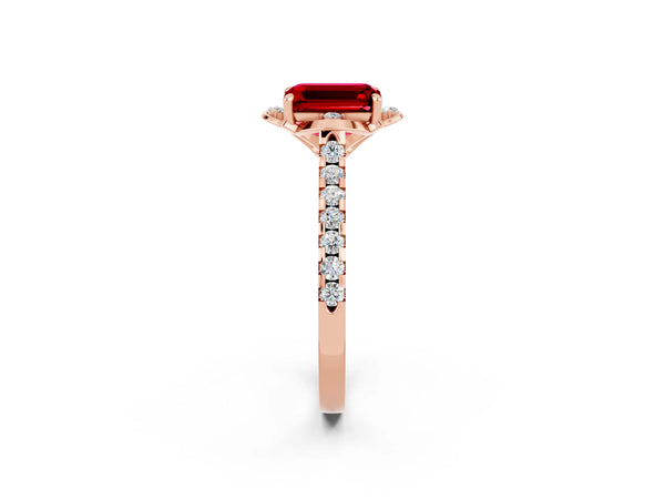Rose gold Emerald Cut Ruby Ring with Pavé Band and Floral Prong Setting
