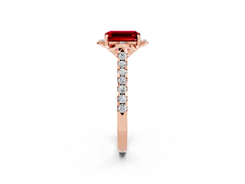 Rose gold Emerald Cut Ruby Ring with Pavé Band and Floral Prong Setting_2