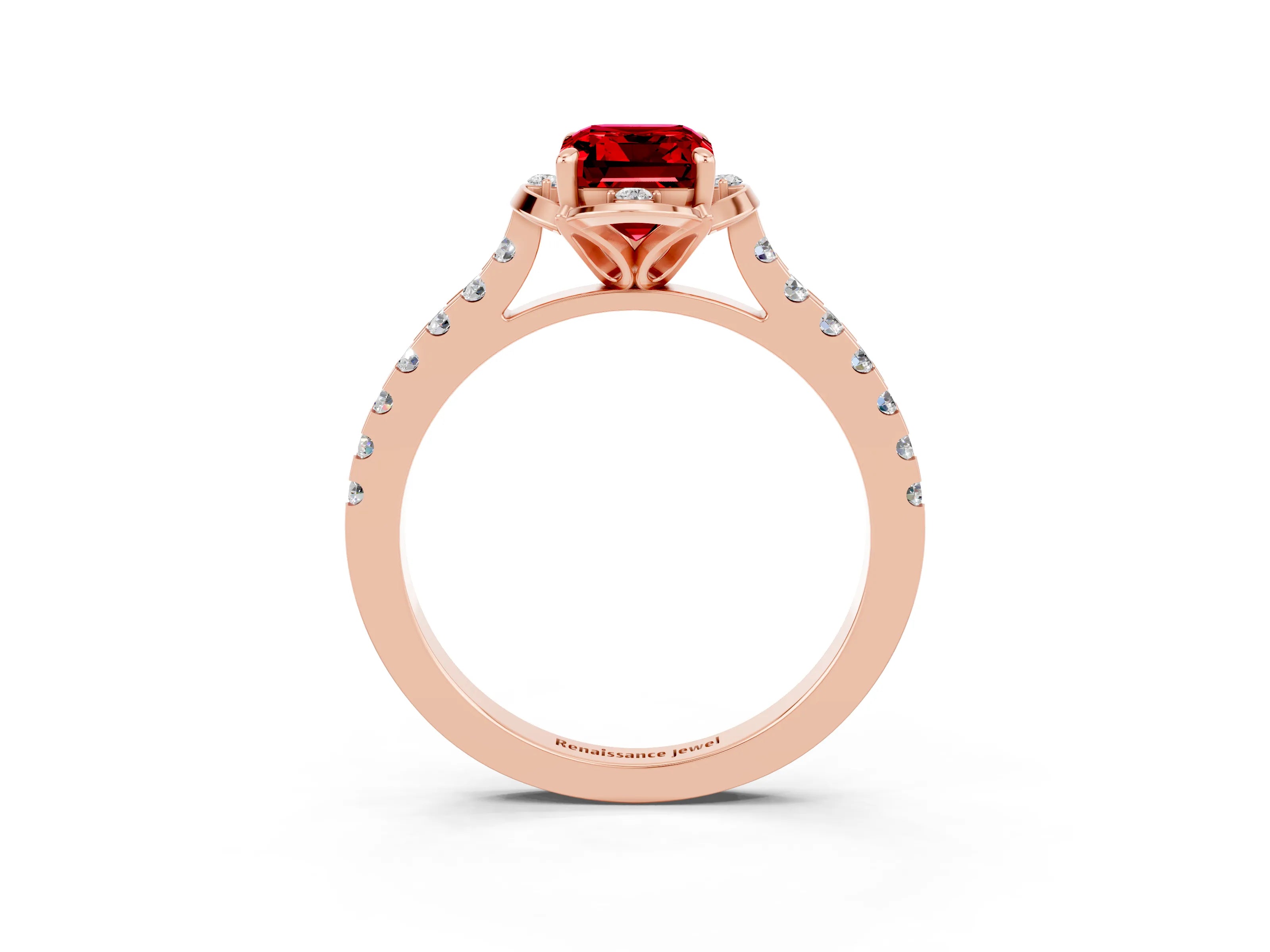 Rose gold Emerald Cut Ruby Ring with Pavé Band and Floral Prong Setting_3