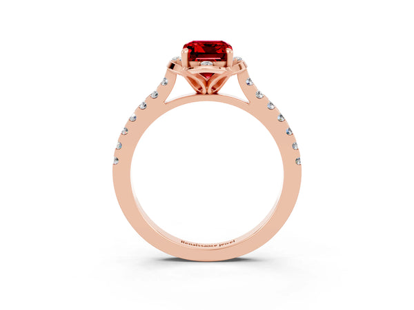 Rose gold Emerald Cut Ruby Ring with Pavé Band and Floral Prong Setting