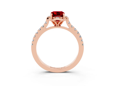 Rose gold Emerald Cut Ruby Ring with Pavé Band and Floral Prong Setting_3