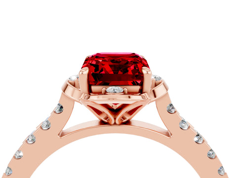 Rose gold Emerald Cut Ruby Ring with Pavé Band and Floral Prong Setting_4