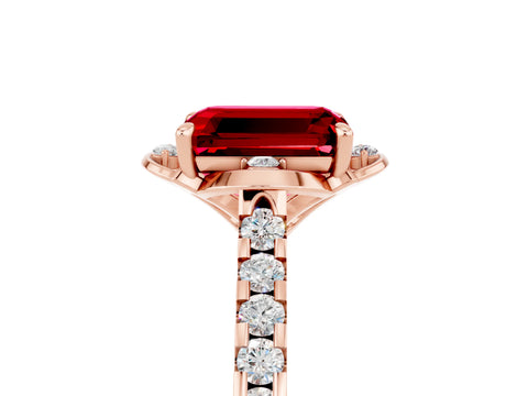 Rose gold Emerald Cut Ruby Ring with Pavé Band and Floral Prong Setting_5