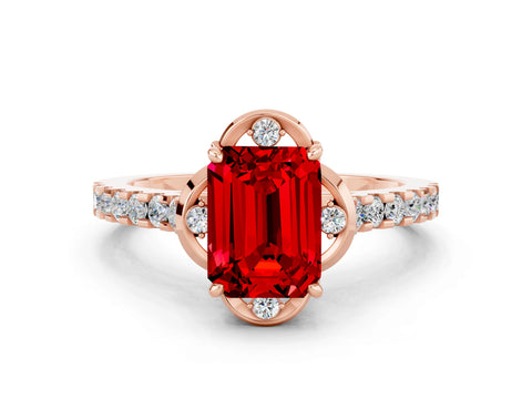 Rose gold Emerald Cut Ruby Ring with Pavé Band and Floral Prong Setting