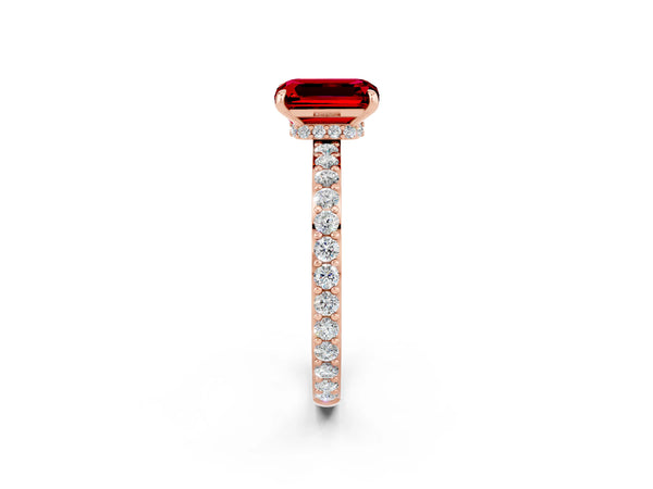 Rose gold Emerald Cut Ruby Pavé Engagement Ring with Round  Accents and Prong Setting