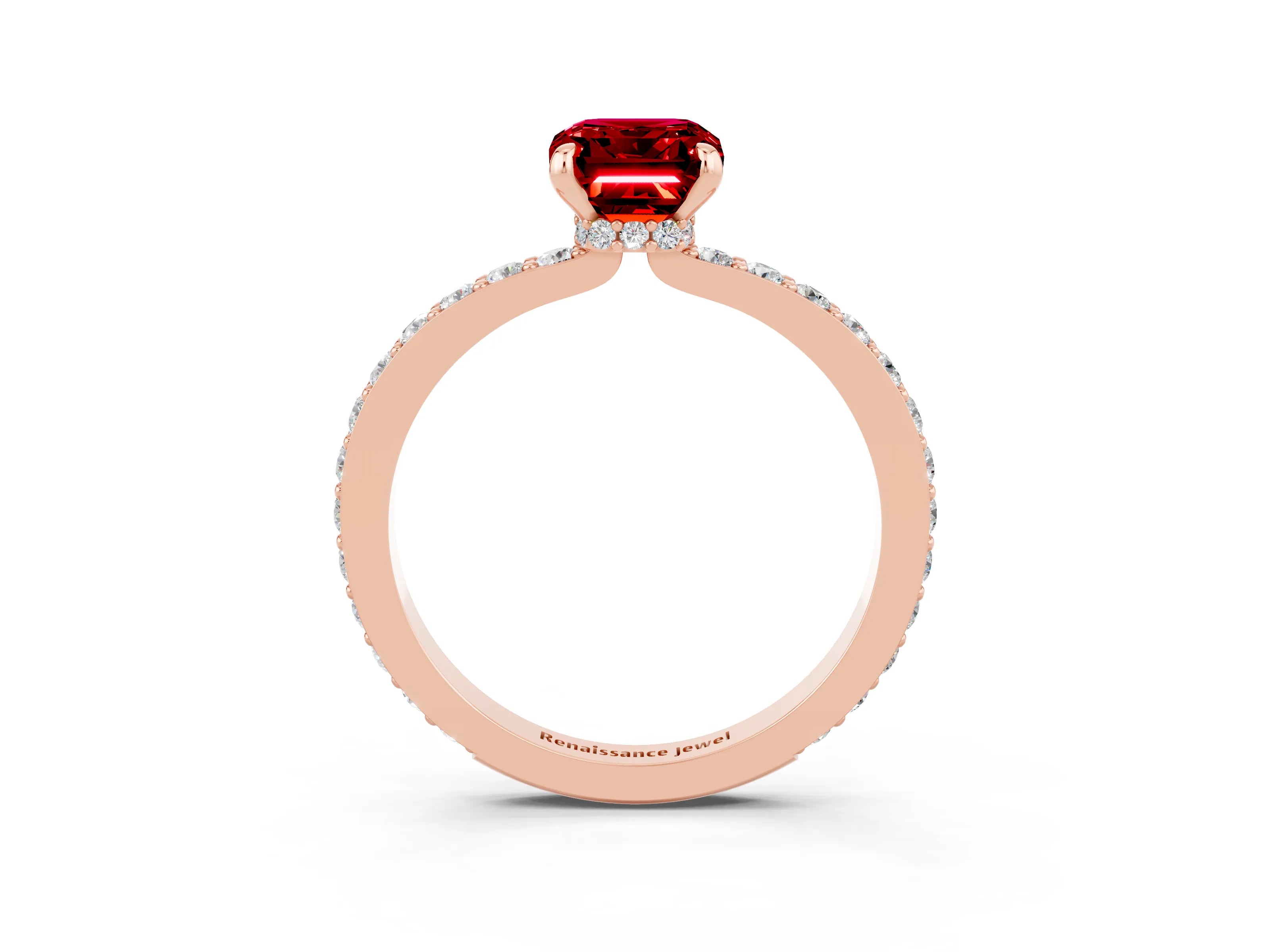 Rose gold Emerald Cut Ruby Ring with Pavé Band and Four-Prong Setting_3