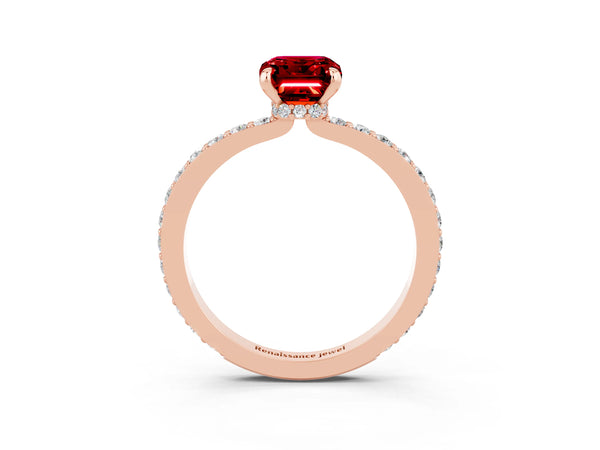 Rose gold Emerald Cut Ruby Pavé Engagement Ring with Round  Accents and Prong Setting