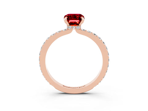 Rose gold Emerald Cut Ruby Ring with Pavé Band and Four-Prong Setting_3