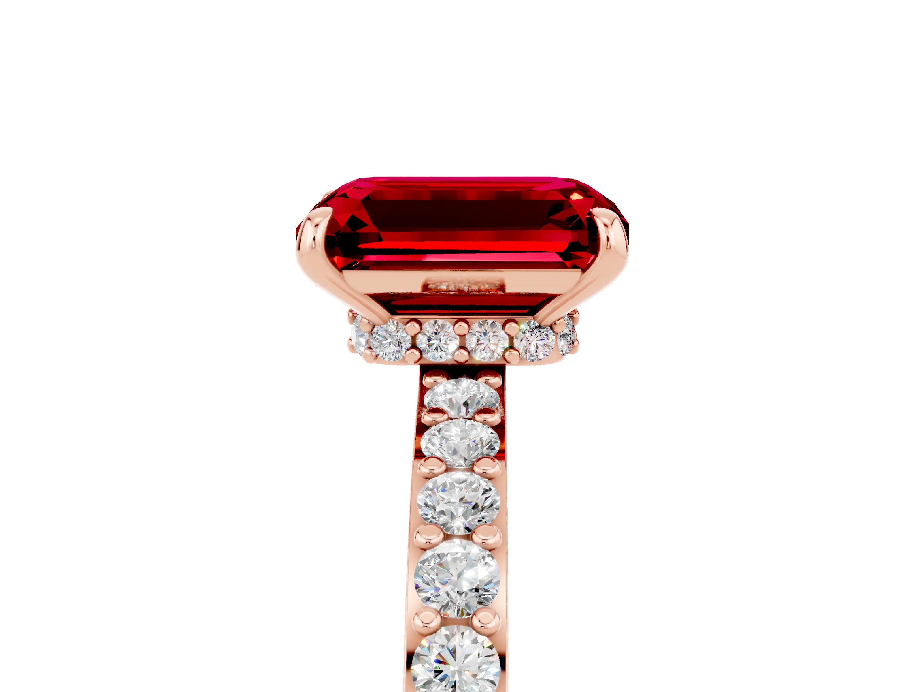 Rose gold Emerald Cut Ruby Ring with Pavé Band and Four-Prong Setting_5