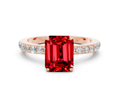 Rose gold Emerald Cut Ruby Ring with Pavé Band and Four-Prong Setting