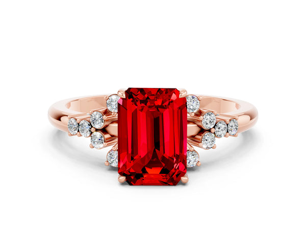 Rose gold Emerald Cut Ruby Ring with Side Stones and Four-Prong Setting