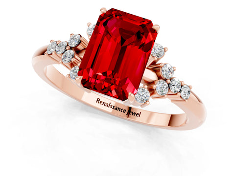 Rose gold Emerald Cut Ruby Ring with Side Stones and Four-Prong Setting_37