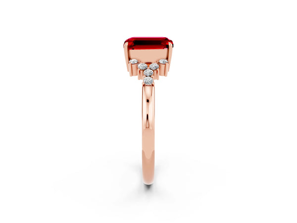Rose gold Emerald Cut Ruby Ring with Side Stones and Four-Prong Setting