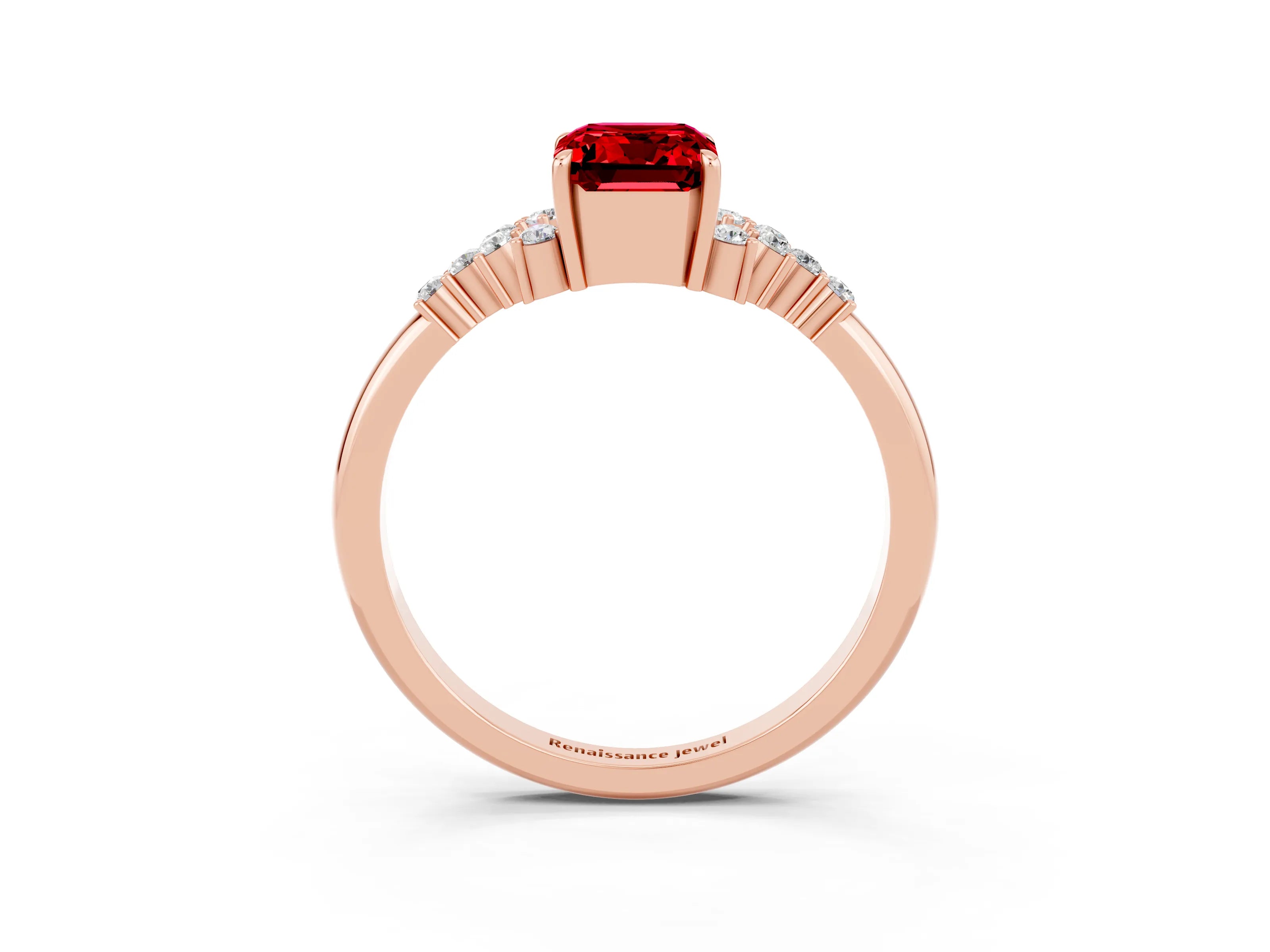 Rose gold Emerald Cut Ruby Ring with Side Stones and Four-Prong Setting_39