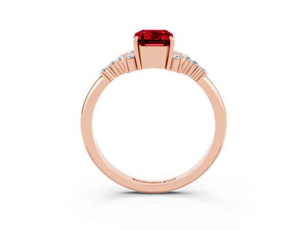 Rose gold Emerald Cut Ruby Ring with Side Stones and Four-Prong Setting