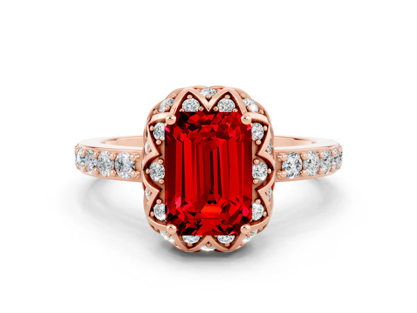 Rose gold Emerald Cut Ruby Scalloped Halo Engagement Ring with Round Shared Prong Band