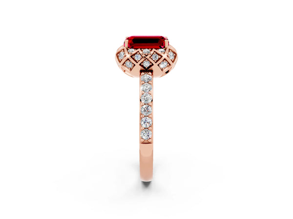 Rose gold Emerald Cut Ruby Scalloped Halo Engagement Ring with Round Shared Prong Band