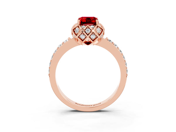 Rose gold Emerald Cut Ruby Scalloped Halo Engagement Ring with Round Shared Prong Band