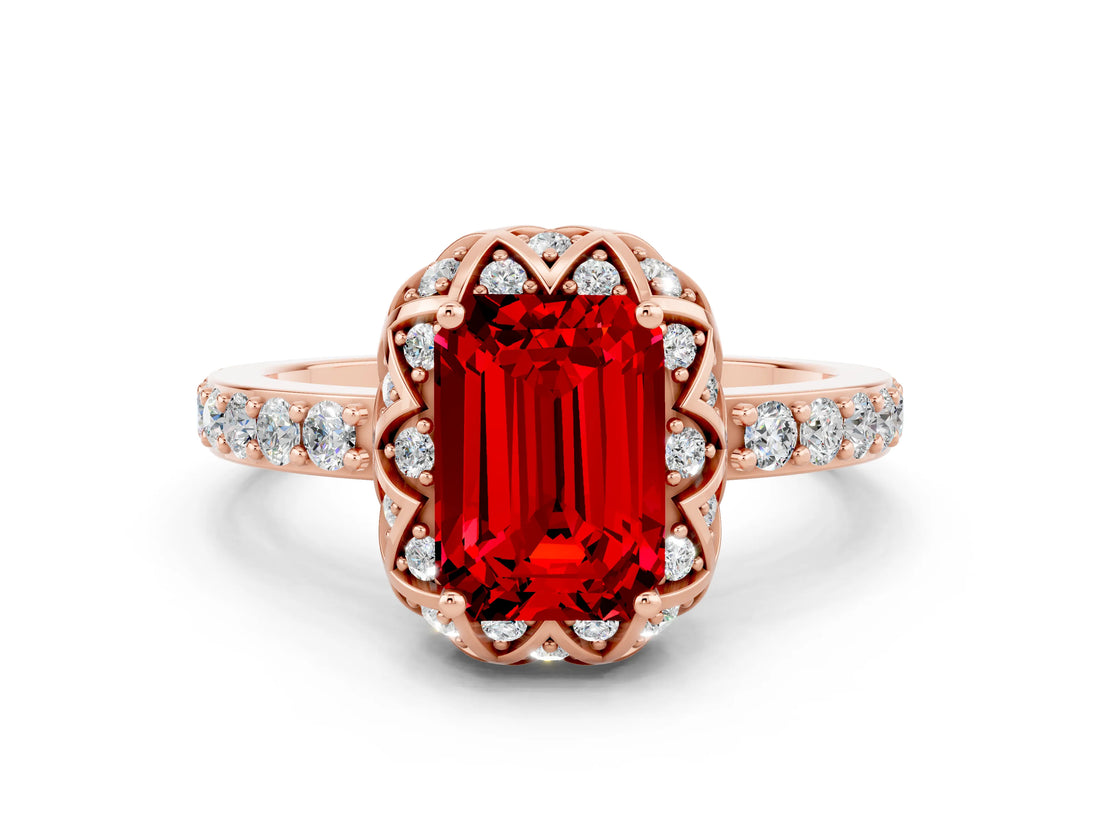 Rose gold Emerald Cut Ruby Scalloped Halo Engagement Ring with Round Shared Prong Band_24