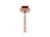 Rose gold Emerald Cut Ruby Scalloped Halo Engagement Ring with Round Shared Prong Band_26