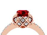 Rose gold Emerald Cut Ruby Scalloped Halo Engagement Ring with Round Shared Prong Band_28