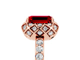 Rose gold Emerald Cut Ruby Scalloped Halo Engagement Ring with Round Shared Prong Band_29